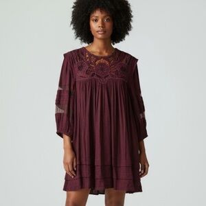 NWOT Free People Deep Burgundy Long Sleeve Dress Bohemian Babydoll Mini, Large